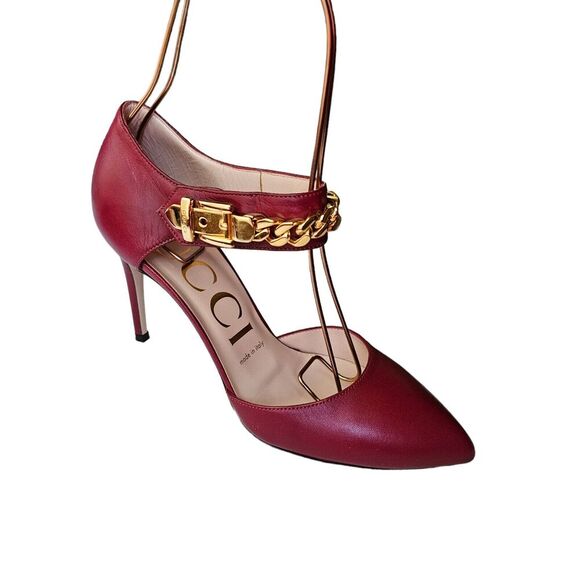 Gucci Malaga Kid Sylvie Gold Chain Pumps Heels Size 37 US 7 Burgundy Red Pointed - Picture 1 of 12